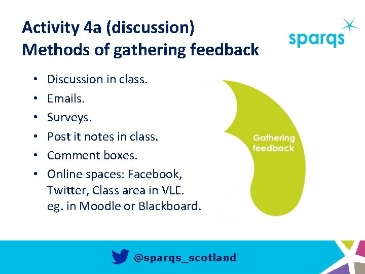 Activity 4 a (discussion) Methods of gathering feedback • • • Discussion in class.