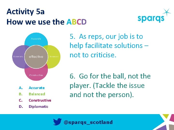 Activity 5 a How we use the ABCD 5. As reps, our job is