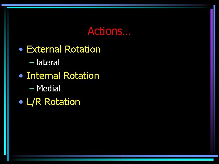 Actions… • External Rotation – lateral • Internal Rotation – Medial • L/R Rotation Actions… • External Rotation – lateral • Internal Rotation – Medial • L/R Rotation
