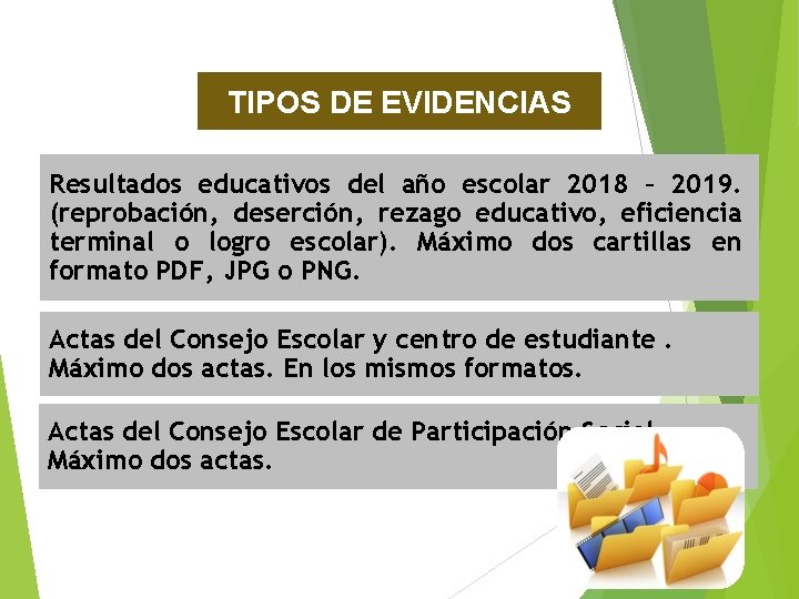 TIPOS DE EVIDENCIAS Resultados educativos del año escolar 2018 – 2019. (reprobación, deserción, rezago