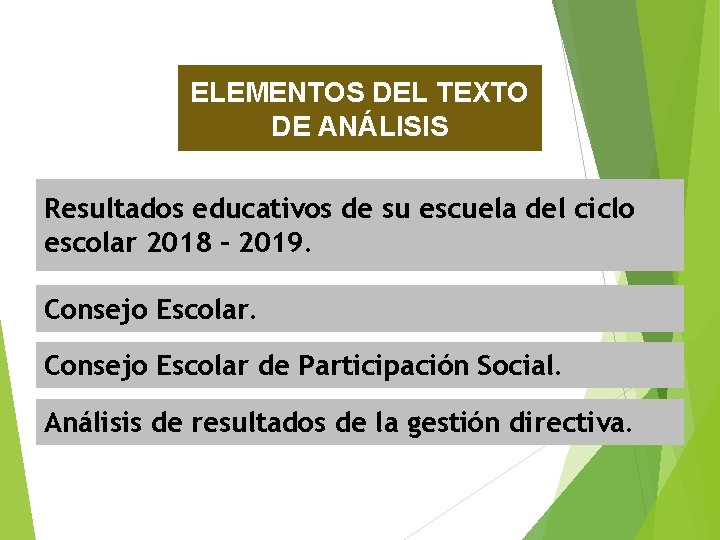 ELEMENTOS DEL TEXTO DE ANÁLISIS Resultados educativos de su escuela del ciclo escolar 2018