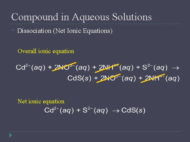 Compound in Aqueous Solutions Dissociation (Net Ionic Equations) Overall ionic equation Net ionic equation