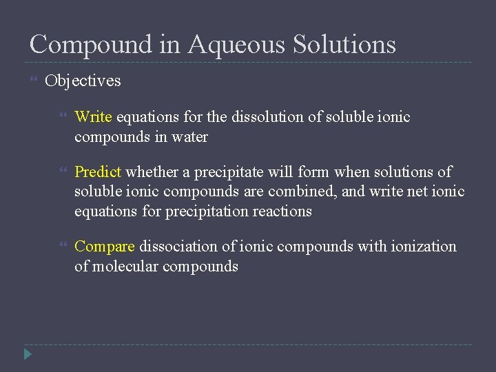 Compound in Aqueous Solutions Objectives Write equations for the dissolution of soluble ionic compounds