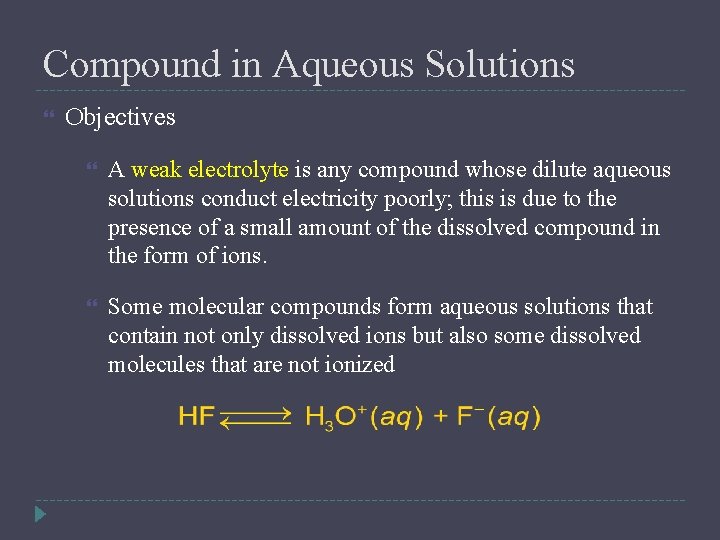 Compound in Aqueous Solutions Objectives A weak electrolyte is any compound whose dilute aqueous