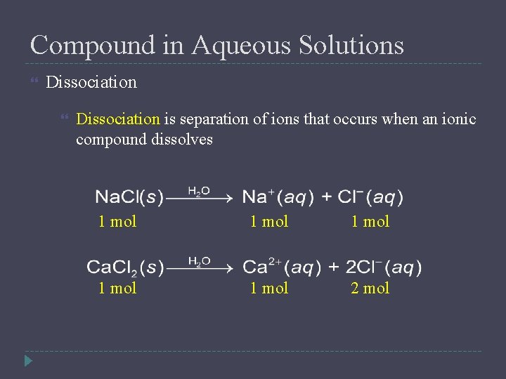 Compound in Aqueous Solutions Dissociation is separation of ions that occurs when an ionic