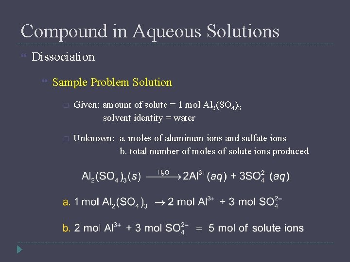 Compound in Aqueous Solutions Dissociation Sample Problem Solution Given: amount of solute = 1