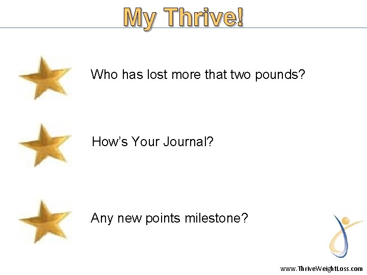 My Thrive! Who has lost more that two pounds? How’s Your Journal? Any new