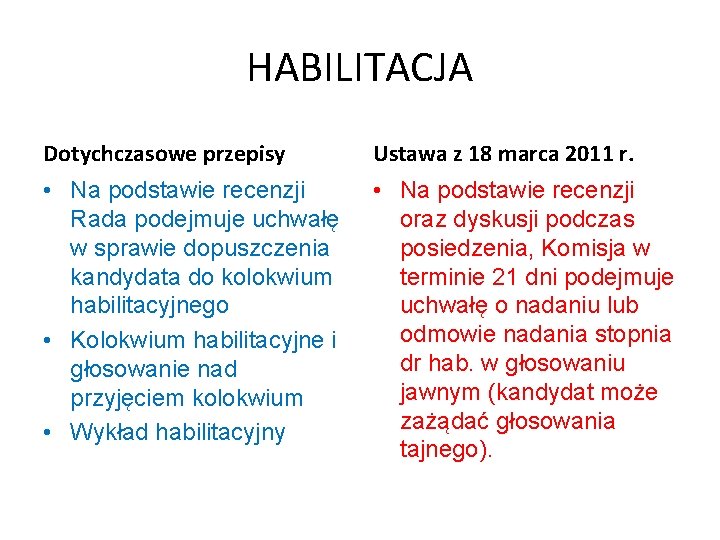 HABILITACJA Dotychczasowe przepisy Ustawa z 18 marca 2011 r. • Na podstawie recenzji Rada