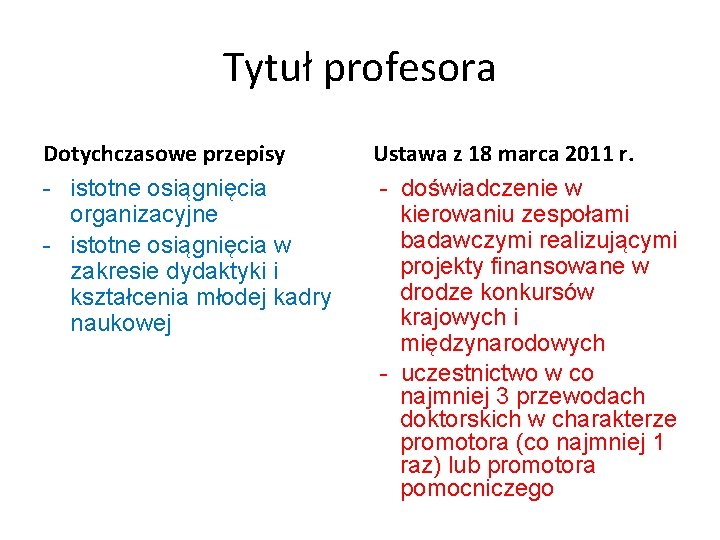 Tytuł profesora Dotychczasowe przepisy - istotne osiągnięcia organizacyjne - istotne osiągnięcia w zakresie dydaktyki