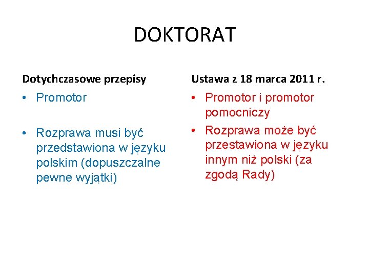 DOKTORAT Dotychczasowe przepisy Ustawa z 18 marca 2011 r. • Promotor i promotor pomocniczy