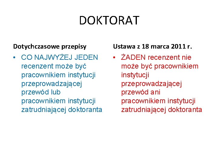 DOKTORAT Dotychczasowe przepisy Ustawa z 18 marca 2011 r. • CO NAJWYŻEJ JEDEN recenzent