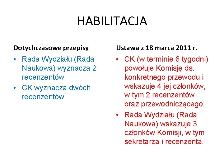 HABILITACJA Dotychczasowe przepisy Ustawa z 18 marca 2011 r. • Rada Wydziału (Rada Naukowa)