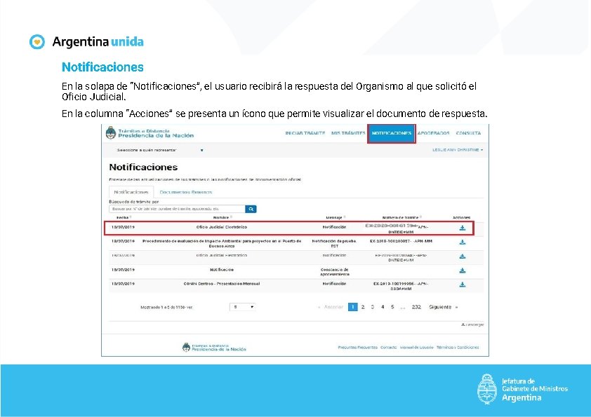 Notificaciones En la solapa de “Notificaciones”, el usuario recibirá la respuesta del Organismo al