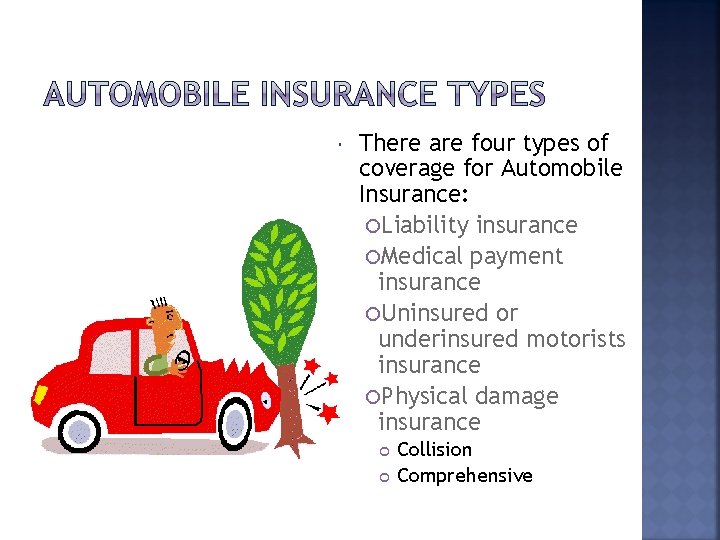  There are four types of coverage for Automobile Insurance: Liability insurance Medical payment