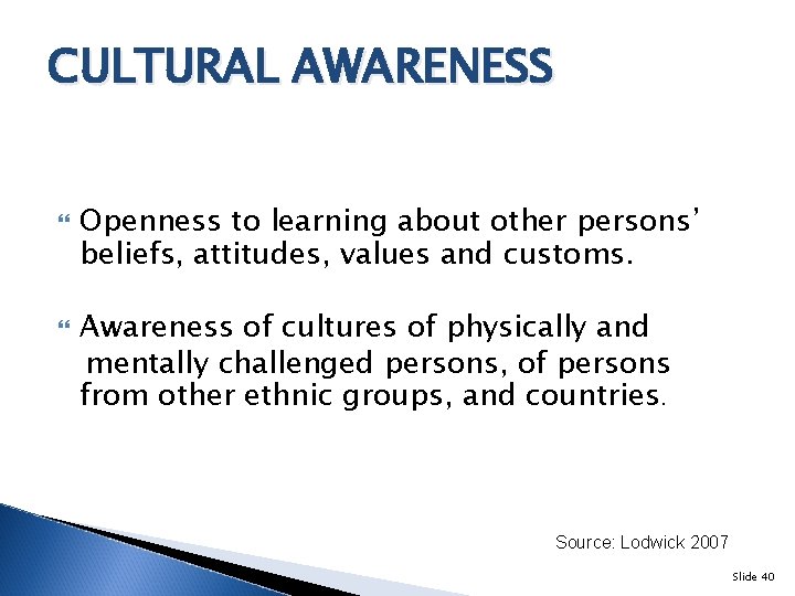 CULTURAL AWARENESS Openness to learning about other persons’ beliefs, attitudes, values and customs. Awareness