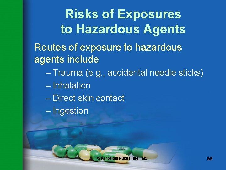 Risks of Exposures to Hazardous Agents Routes of exposure to hazardous agents include –