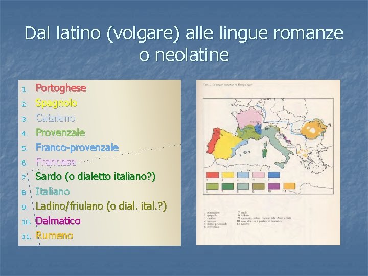 Dal latino (volgare) alle lingue romanze o neolatine 1. 2. 3. 4. 5. 6.