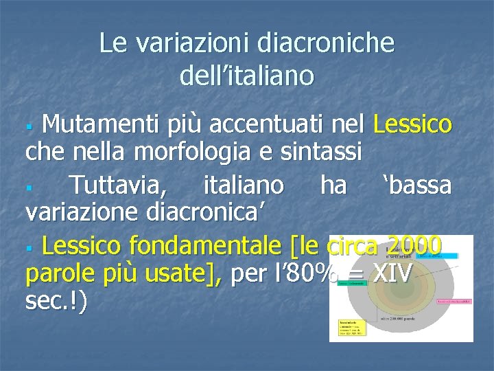 Le variazioni diacroniche dell’italiano Mutamenti più accentuati nel Lessico che nella morfologia e sintassi