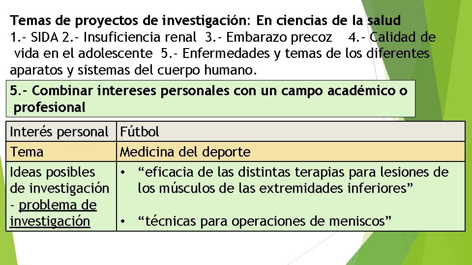 Temas de proyectos de investigación: En ciencias de la salud 1. - SIDA 2.