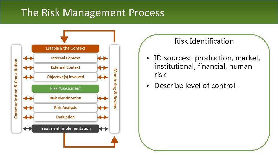 The Risk Management Process Risk Identification • ID sources: production, market, institutional, financial, human