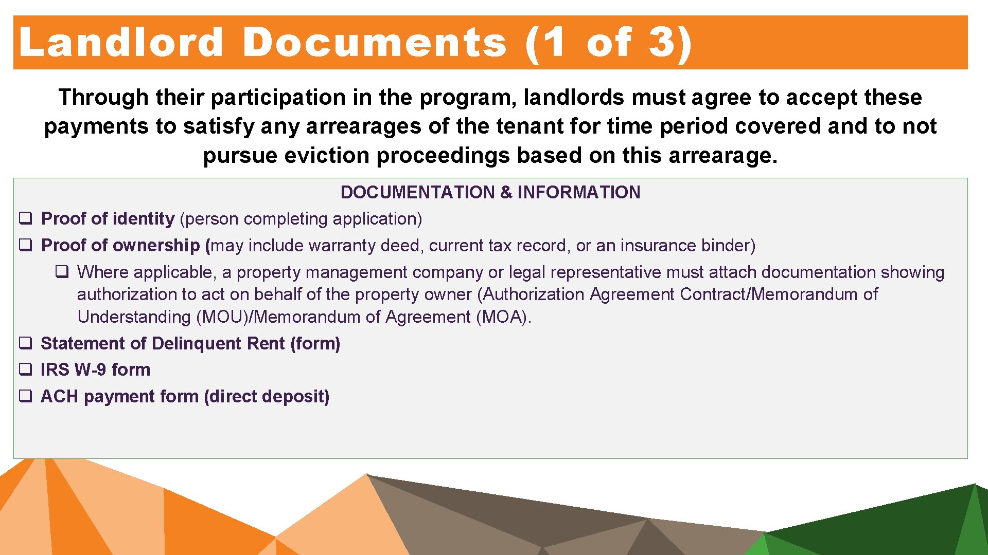 Landlord Documents (1 of 3) Through their participation in the program, landlords must agree Landlord Documents (1 of 3) Through their participation in the program, landlords must agree