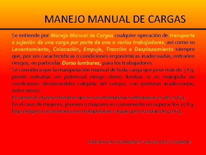 MANEJO MANUAL DE CARGAS Se entiende por Manejo Manual de Cargas cualquier operación de MANEJO MANUAL DE CARGAS Se entiende por Manejo Manual de Cargas cualquier operación de