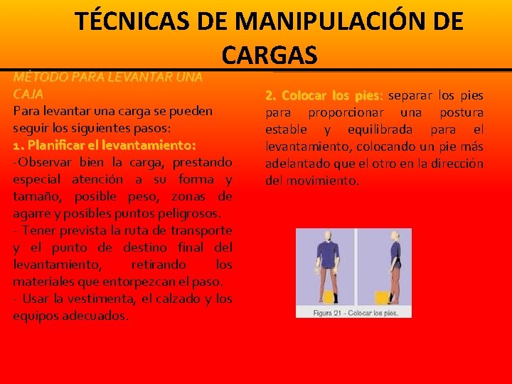 TÉCNICAS DE MANIPULACIÓN DE CARGAS MÉTODO PARA LEVANTAR UNA CAJA Para levantar una carga TÉCNICAS DE MANIPULACIÓN DE CARGAS MÉTODO PARA LEVANTAR UNA CAJA Para levantar una carga