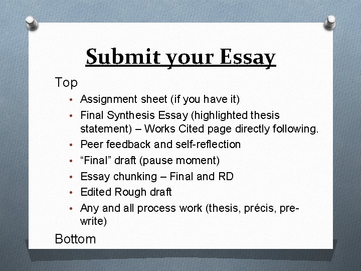 Submit your Essay Top • Assignment sheet (if you have it) • Final Synthesis