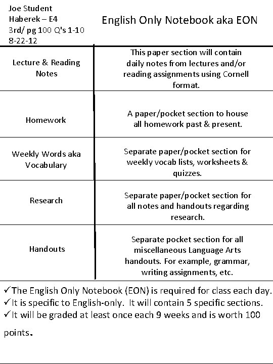 Joe Student Haberek – E 4 3 rd/ pg 100 Q's 1 -10 8