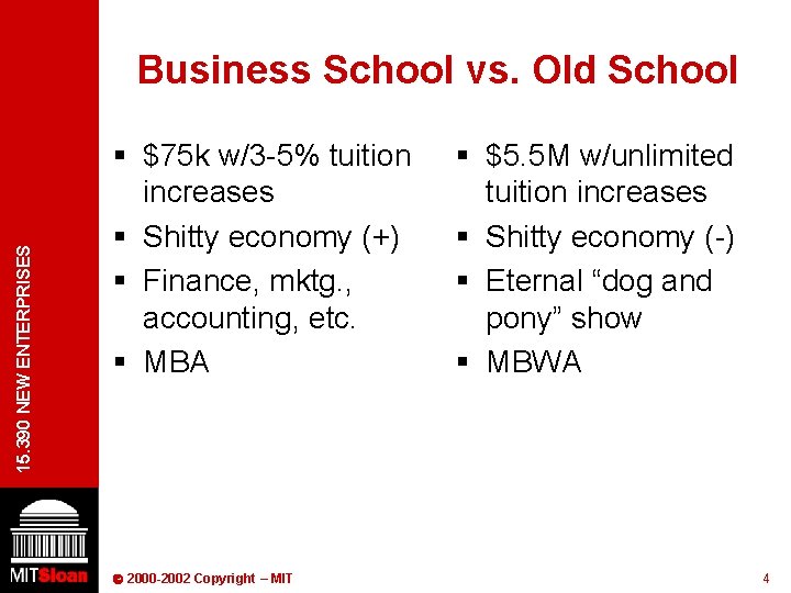 15. 390 NEW ENTERPRISES Business School vs. Old School § $75 k w/3 -5%