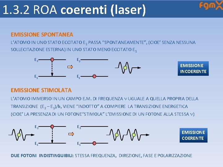1. 3. 2 ROA coerenti (laser) EMISSIONE SPONTANEA L’ATOMO IN UNO STATO ECCITATO E