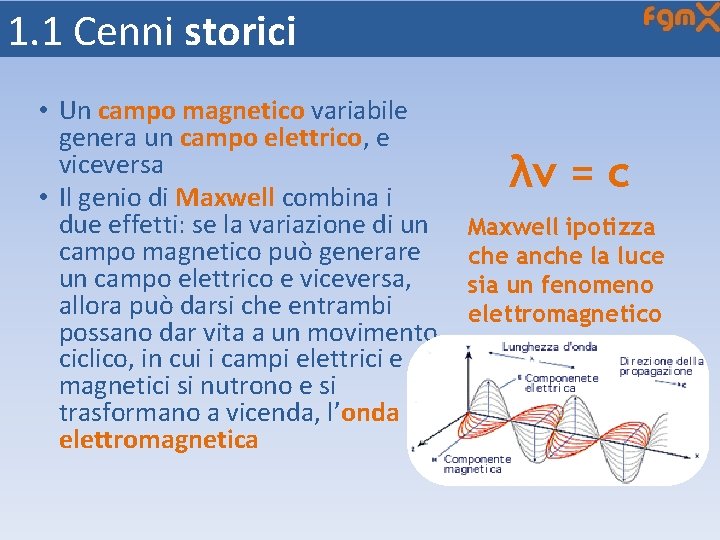 1. 1 Cenni storici • Un campo magnetico variabile genera un campo elettrico, e