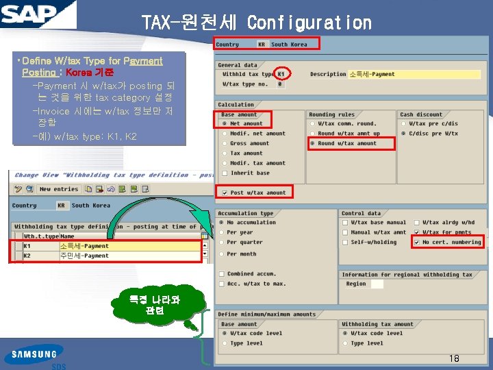 TAX-원천세 Configuration • Define W/tax Type for Payment Posting : Korea 기준 –Payment 시