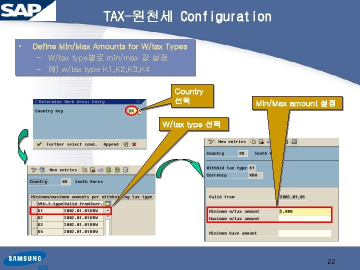 TAX-원천세 Configuration • Define Min/Max Amounts for W/tax Types – W/tax type별로 min/max 값