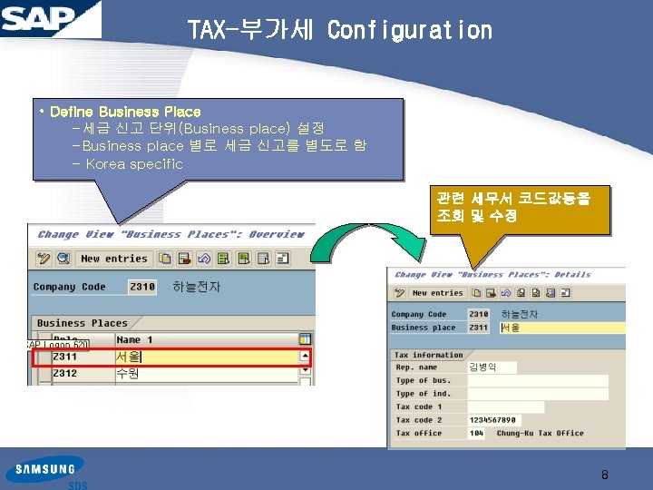 TAX-부가세 Configuration • Define Business Place -세금 신고 단위(Business place) 설정 -Business place 별로