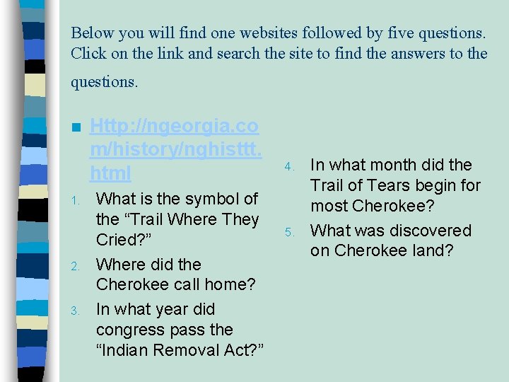 Below you will find one websites followed by five questions. Click on the link