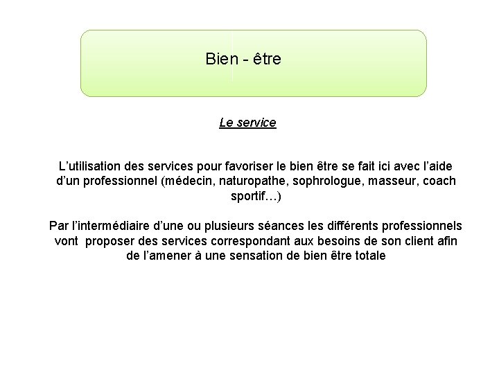 Bien - être Le service L’utilisation des services pour favoriser le bien être se