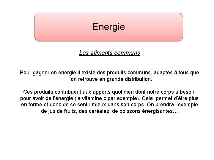 Energie Les aliments communs Pour gagner en énergie il existe des produits communs, adaptés