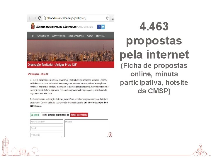 4. 463 propostas pela internet (Ficha de propostas online, minuta participativa, hotsite da CMSP)