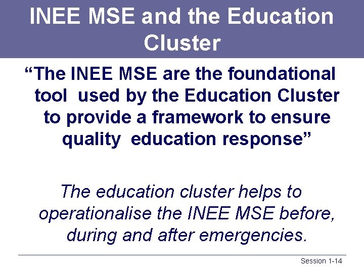 INEE MSE and the Education Cluster “The INEE MSE are the foundational tool used