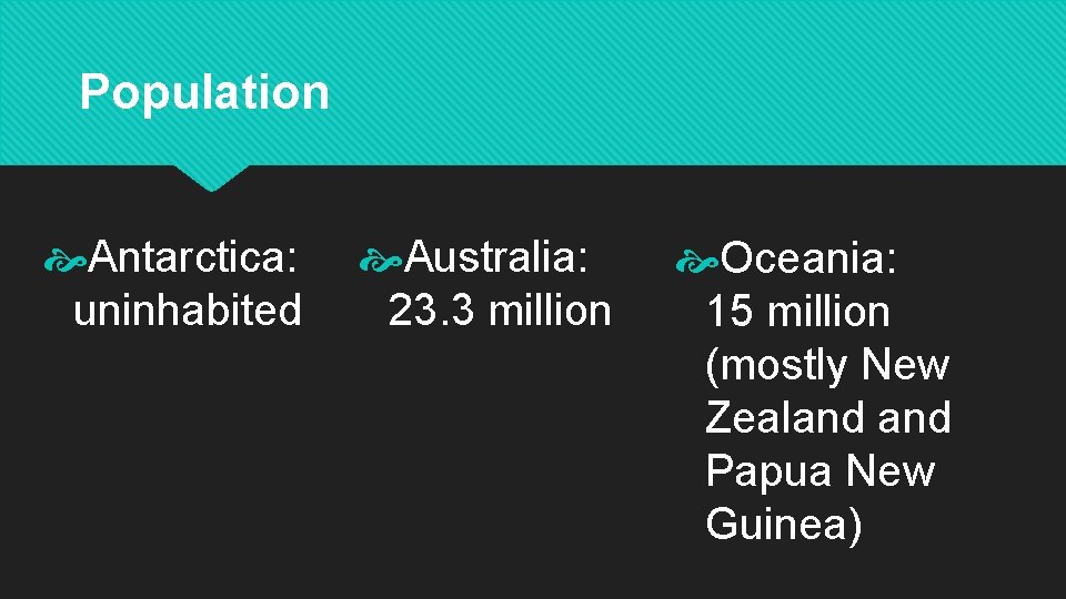 Population Antarctica: uninhabited Australia: 23. 3 million Oceania: 15 million (mostly New Zealand Papua