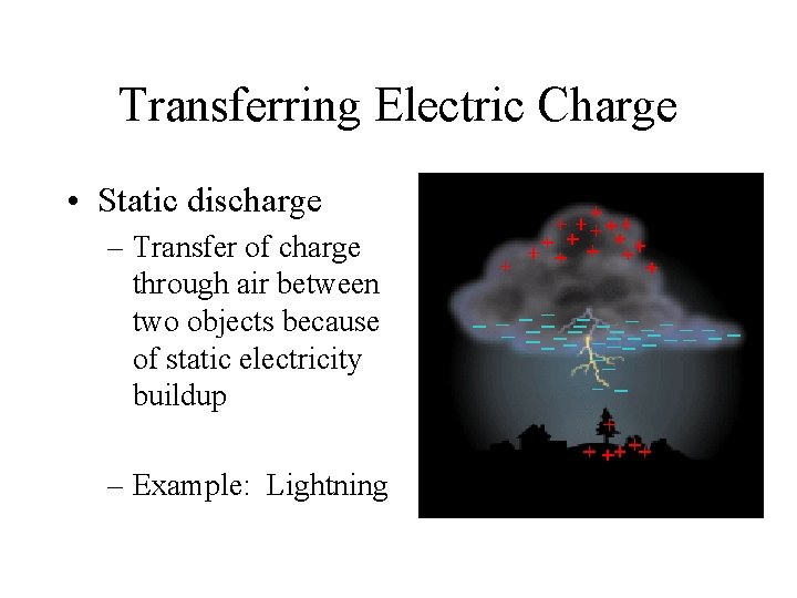 Transferring Electric Charge • Static discharge – Transfer of charge through air between two