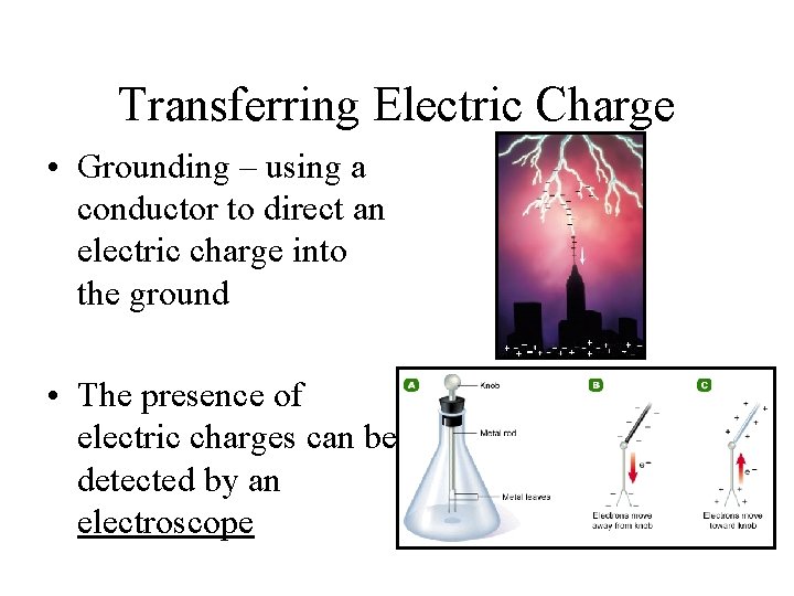 Transferring Electric Charge • Grounding – using a conductor to direct an electric charge