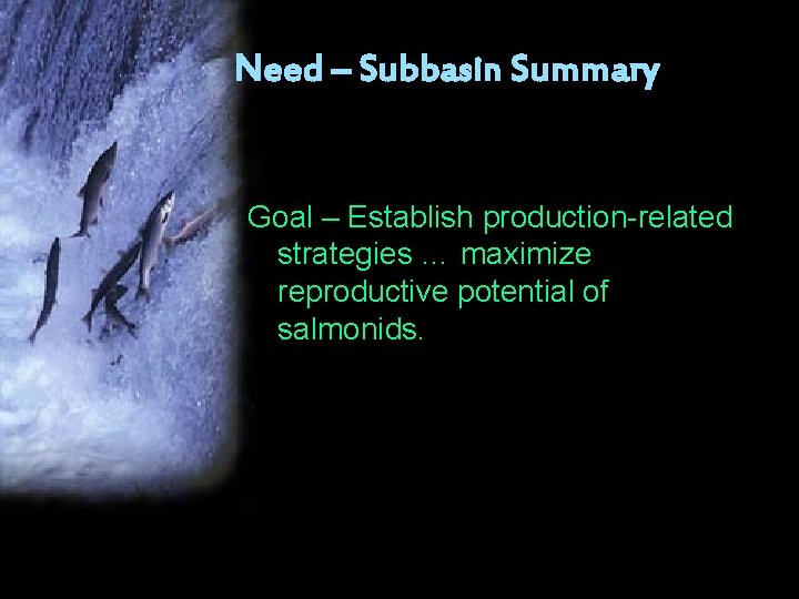 Need – Subbasin Summary Goal – Establish production-related strategies … maximize reproductive potential of