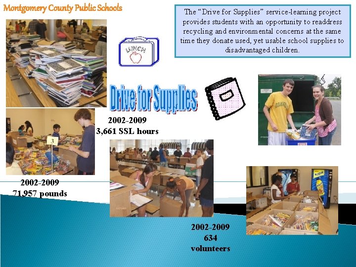 Montgomery County Public Schools The “Drive for Supplies” service-learning project provides students with an