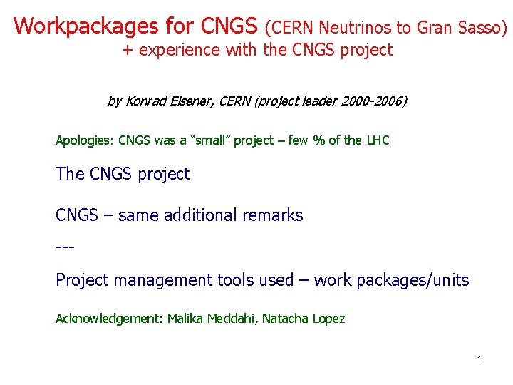 Workpackages for CNGS (CERN Neutrinos to Gran Sasso) + experience with the CNGS project