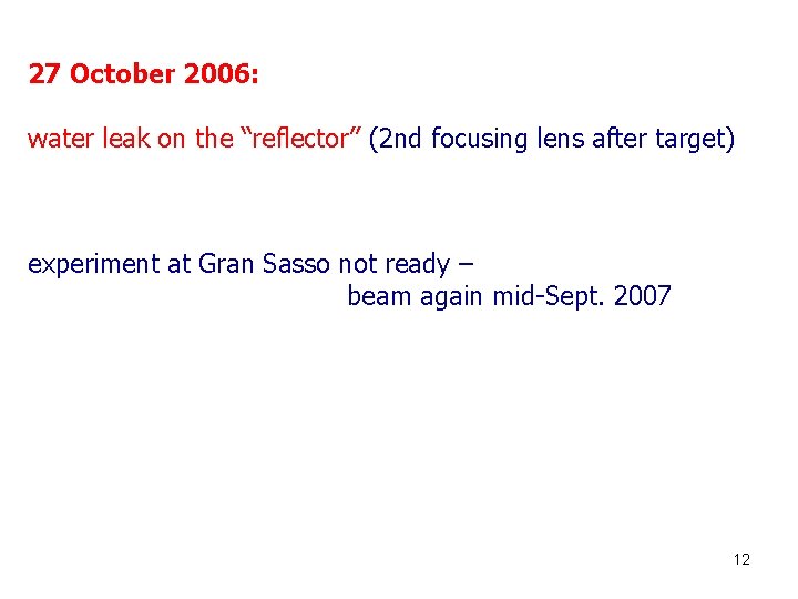 27 October 2006: water leak on the “reflector” (2 nd focusing lens after target)