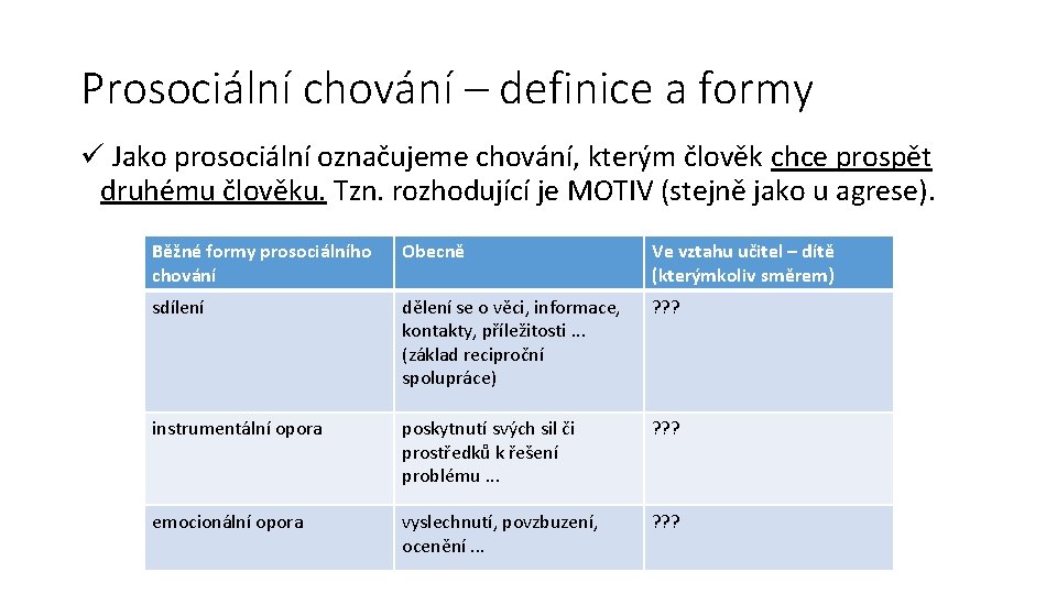 Prosociální chování – definice a formy ü Jako prosociální označujeme chování, kterým člověk chce