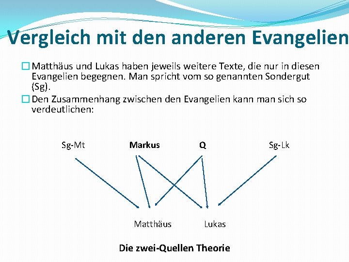 Vergleich mit den anderen Evangelien �Matthäus und Lukas haben jeweils weitere Texte, die nur