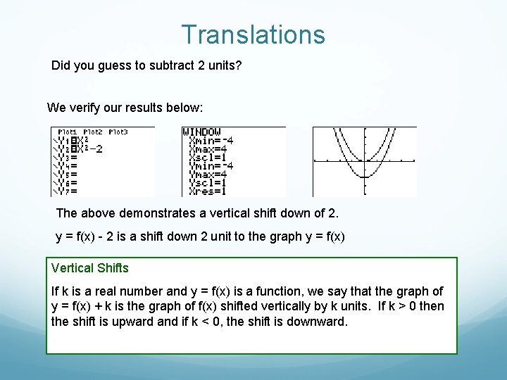 Translations Did you guess to subtract 2 units? We verify our results below: The